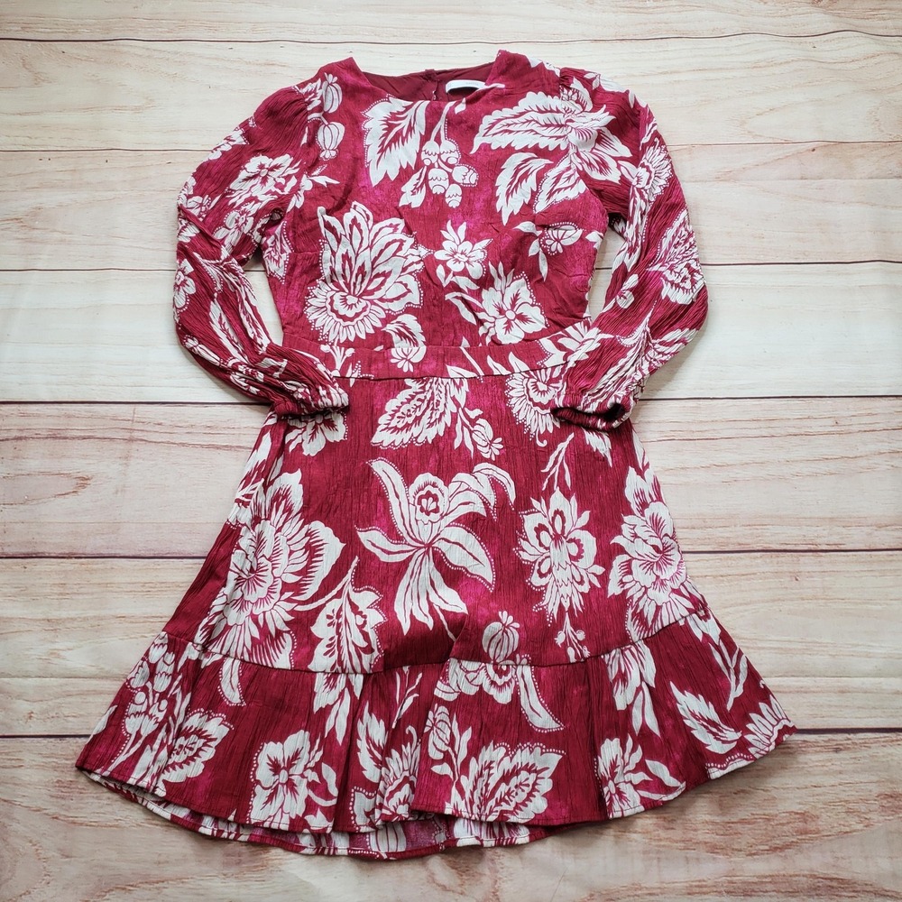 MNG Dress‎ Womens 4 Red Floral Fit & Flare Short Puff Sleeve Lined Ruffle